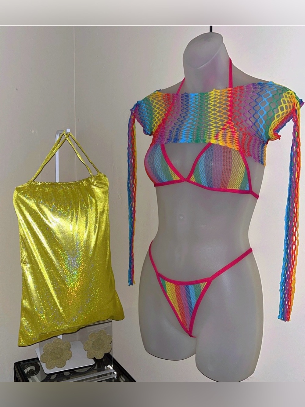 EXOTIC DANCEWEAR: Rainbow 3 piece Bikini thong Set with Crop Top & pasties